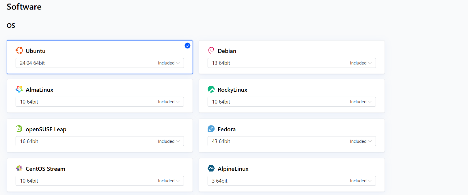 screenshot of CherryServers 'Software' page