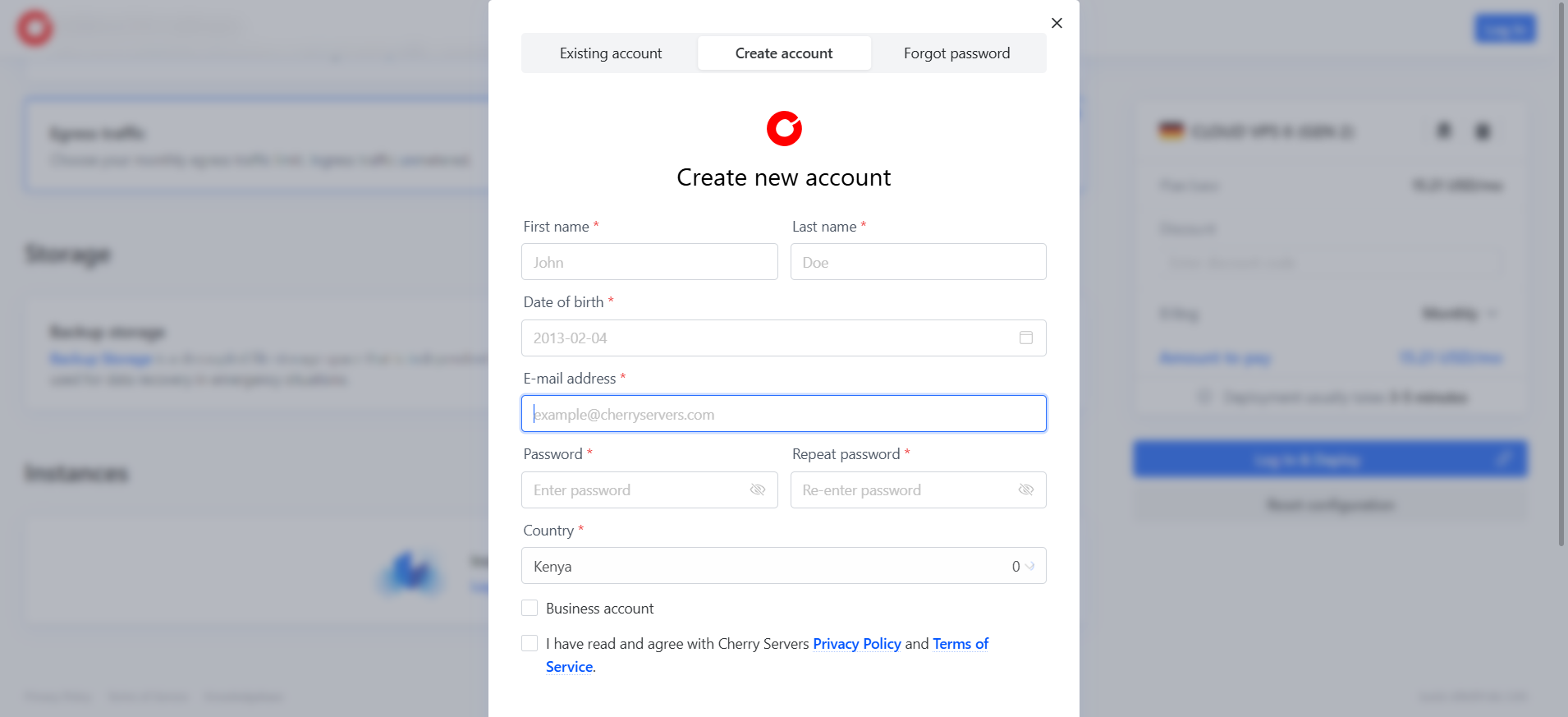 screenshot of CherryServers Sign Up form