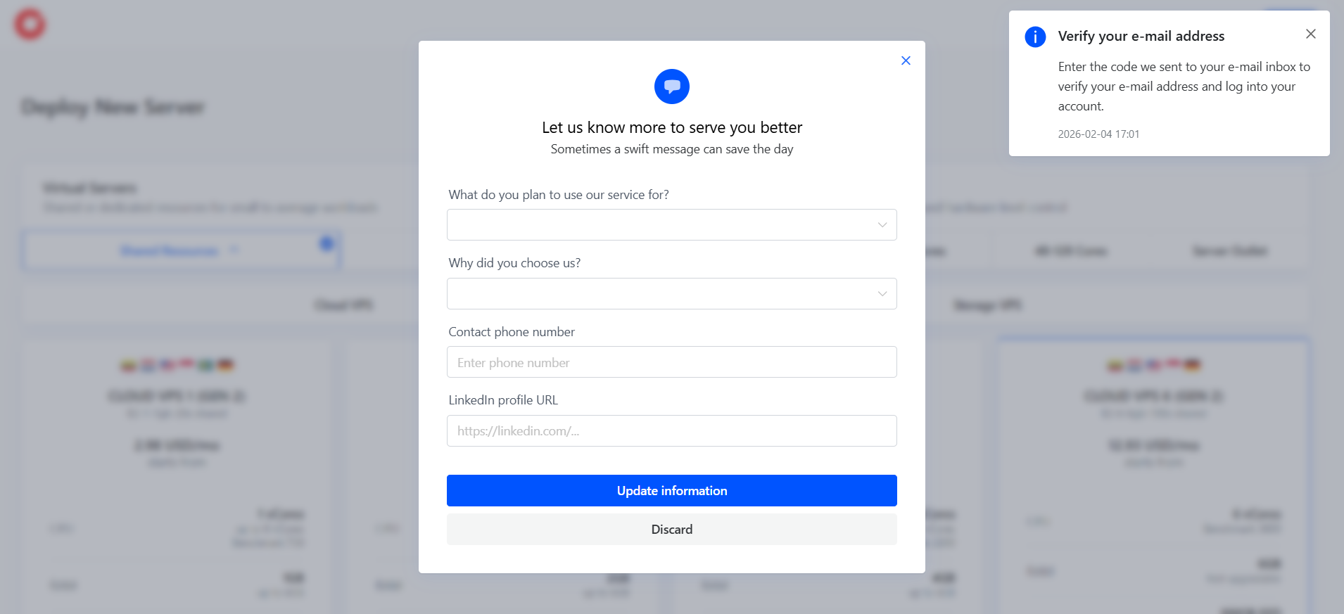 screenshot of CherryServers Sign Up form