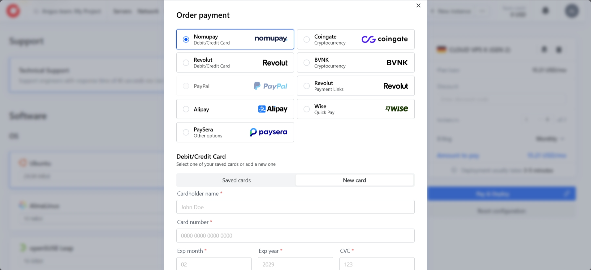 screenshot of CherryServers Payment methods