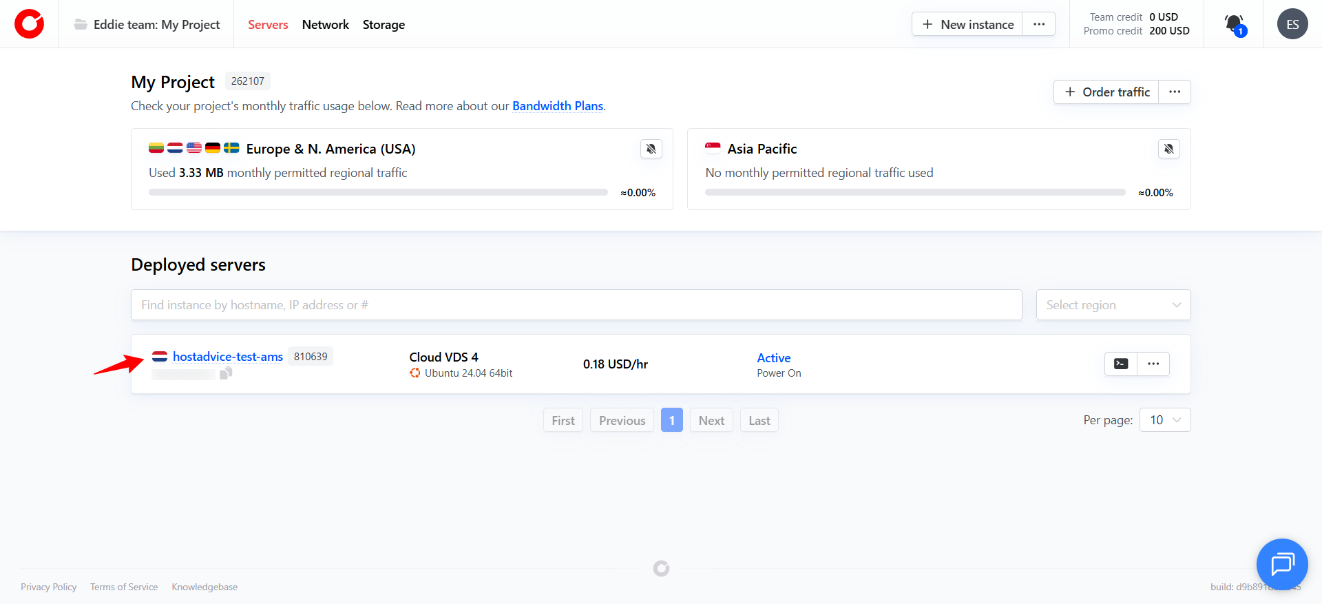 screenshot of CherryServers dashboard 'My Projects' page