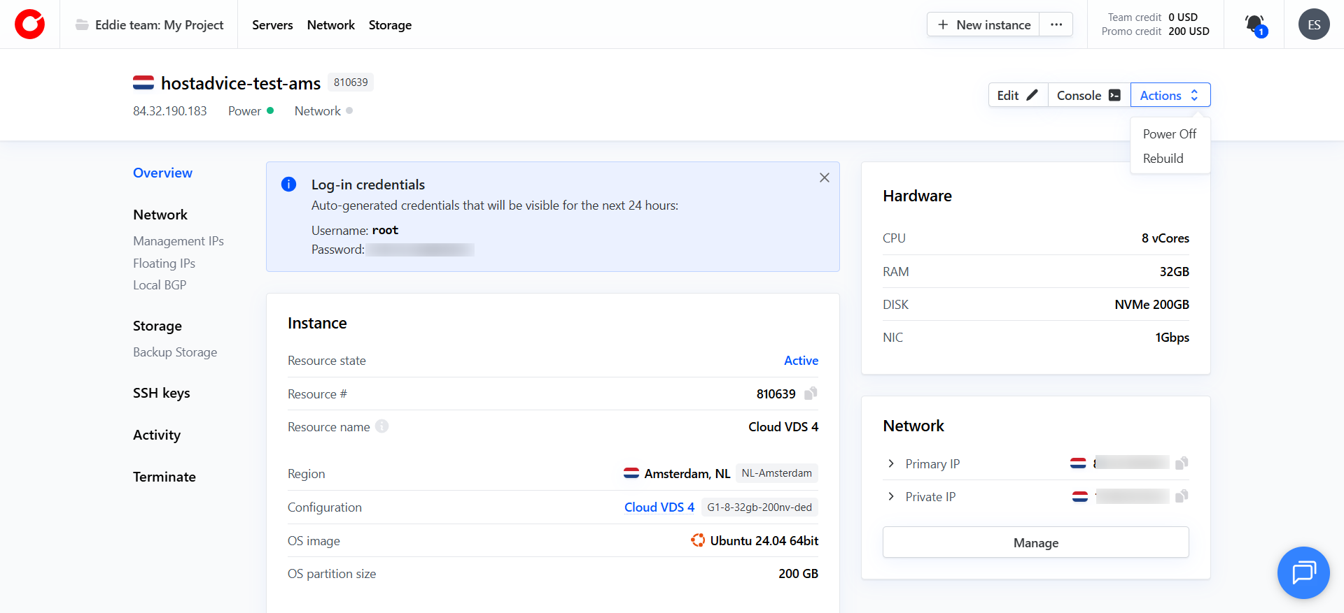 screenshot of CherryServers dashboard server overview