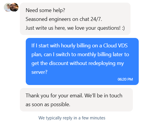 screenshot of CherryServers Live chat conversation