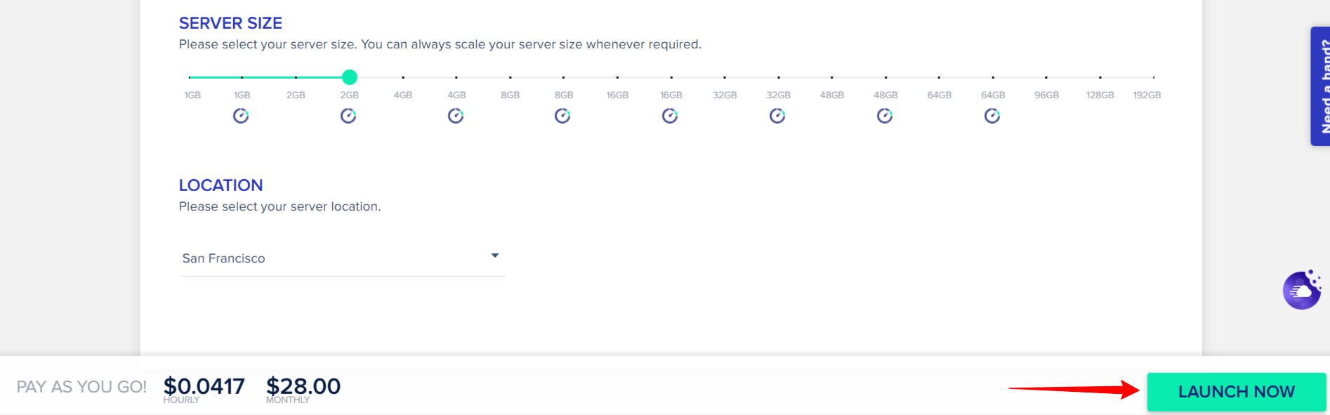 screenshot of Cloudways server 'Launch Now' button