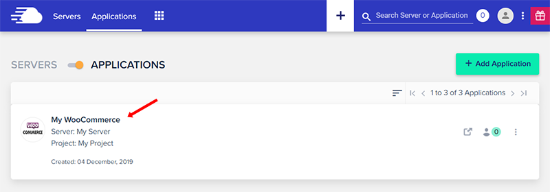 screenshot of Cloudways 'Applications' tab