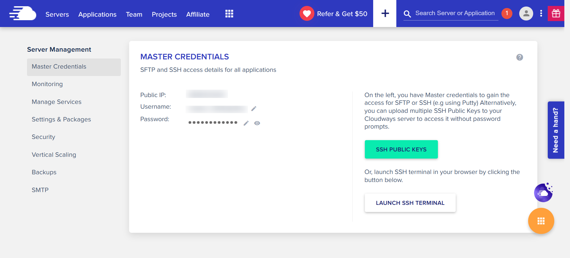 screenshot of Cloudways 'Master Credentials' page