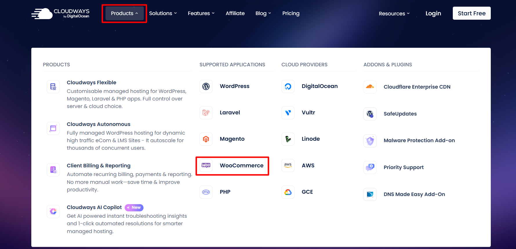 screenshot of Cloudways website 'WooCommerce' button highlighted