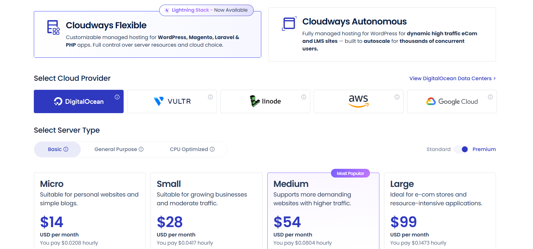screenshot of Cloudways Hosting plans