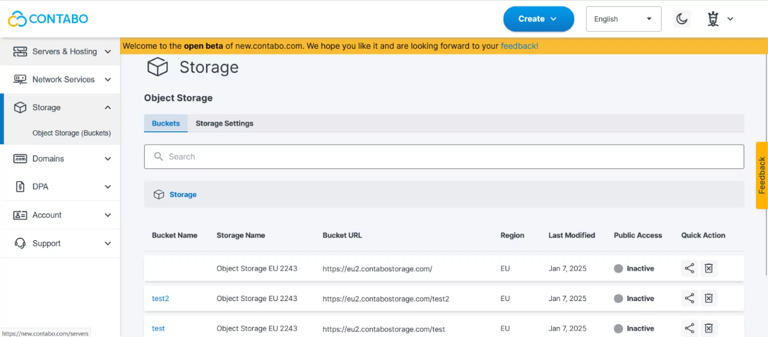 Screenshot of Contabo dashboard 'Storage' tab