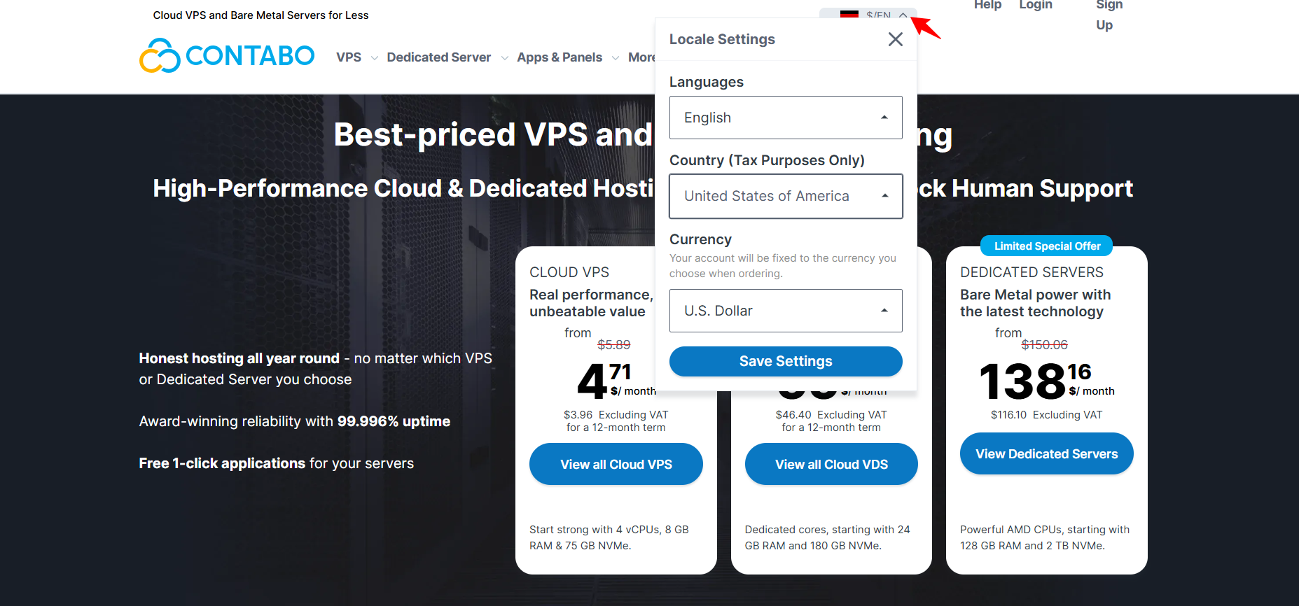 Screenshot of Contabo website 'Locale Settings' window