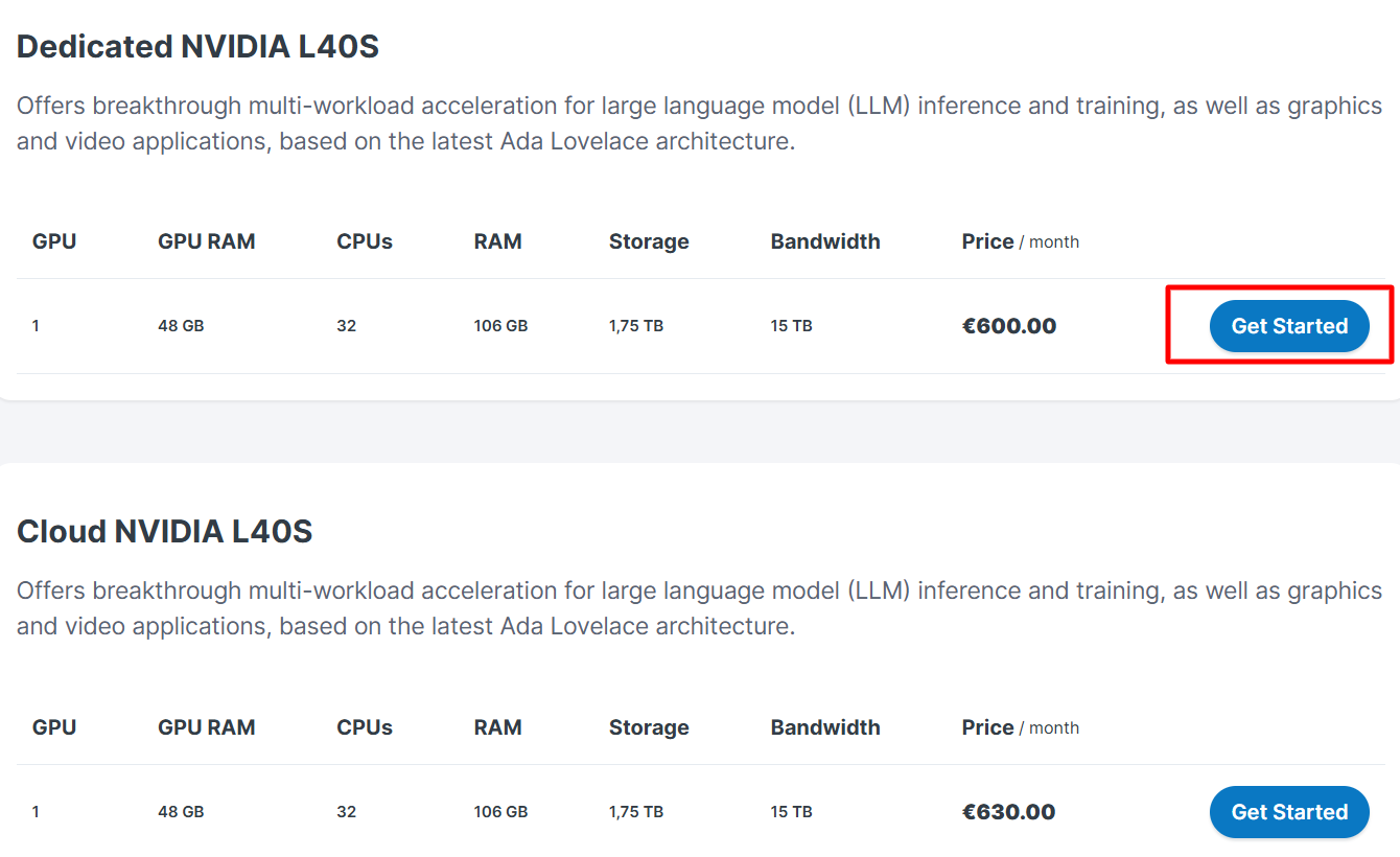 Screenshot of Contabo website 'Dedicated NVIDIA L40S' hosting plan