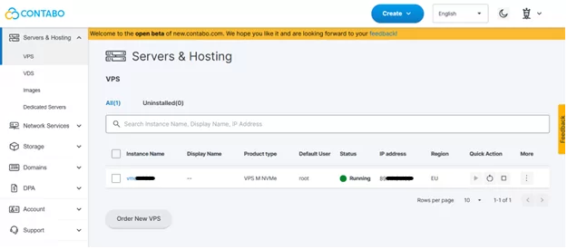 Screenshot of Contabo dashboard 'Servers & Hosting' tab