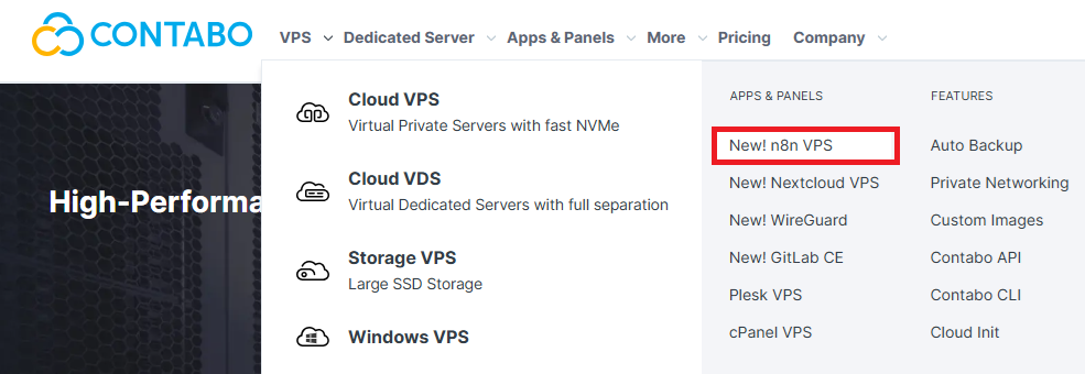 screenshot of Contabo website 'n8n VPS' button