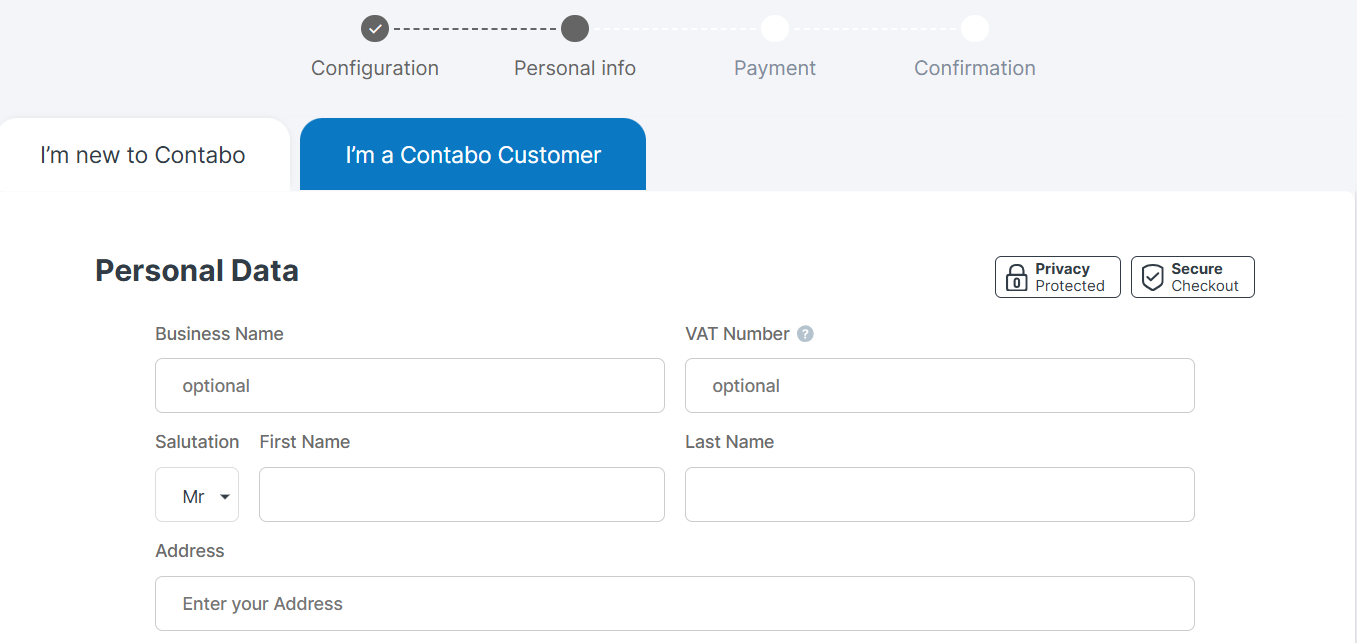 screenshot of Contabo Sign Up form