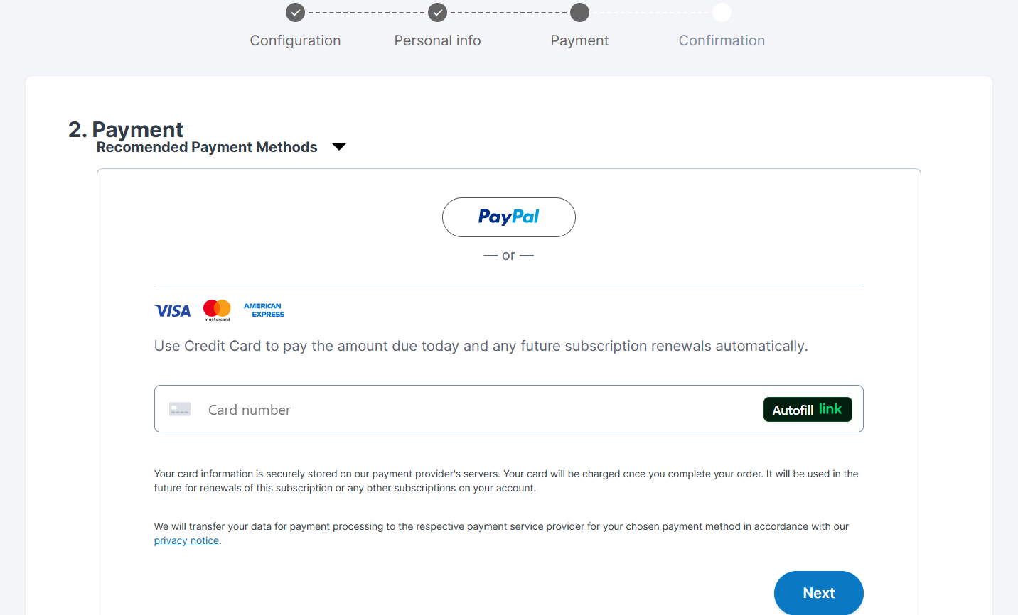 screenshot of Contabo Payment Methods