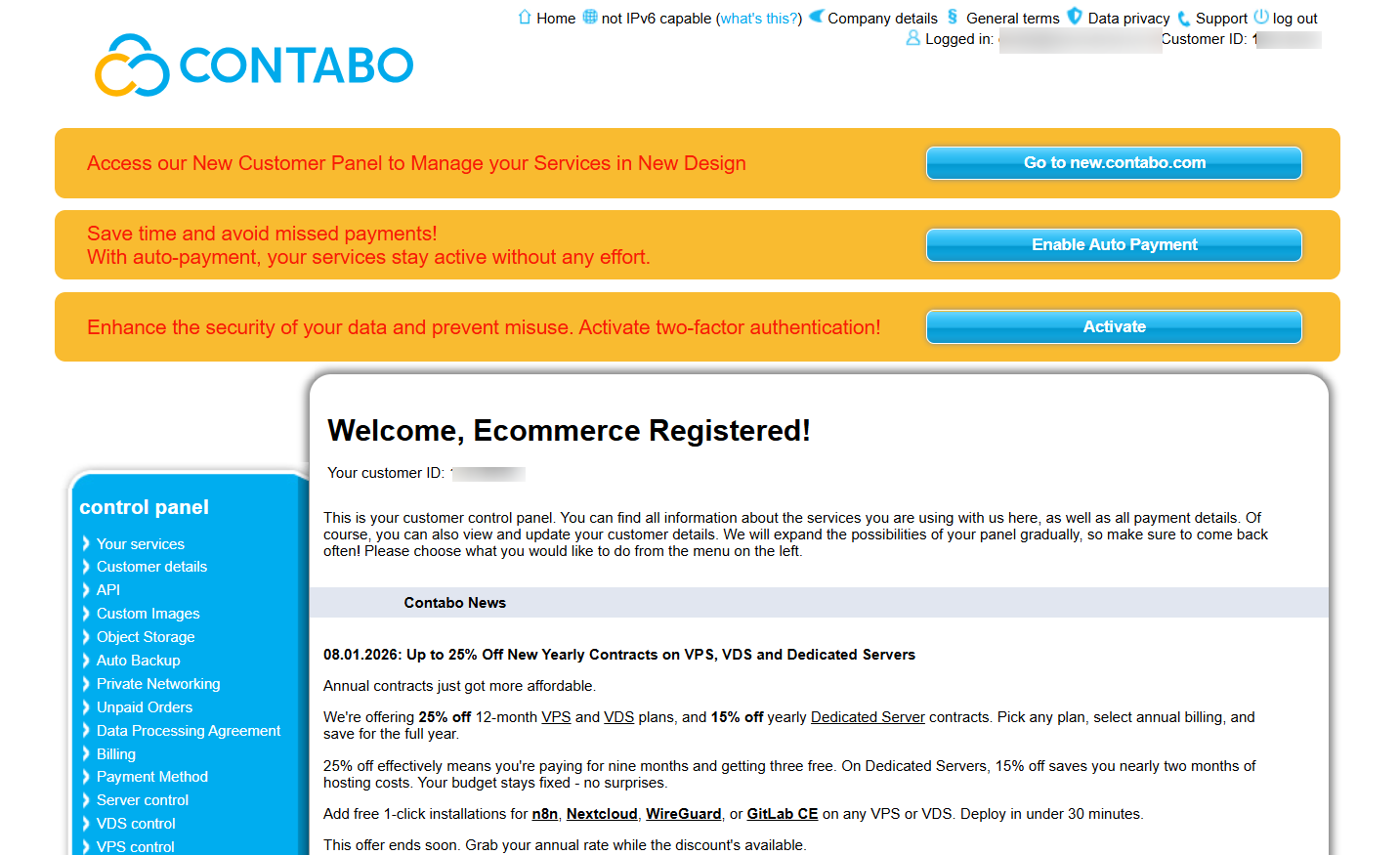 screenshot of Contabo dashboard