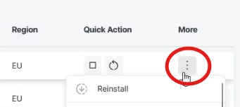 screenshot of Contabo dashboard 'More' button