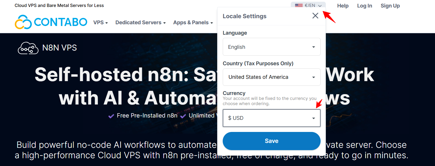 screenshot of Contabo website 'Locale Settings' tab
