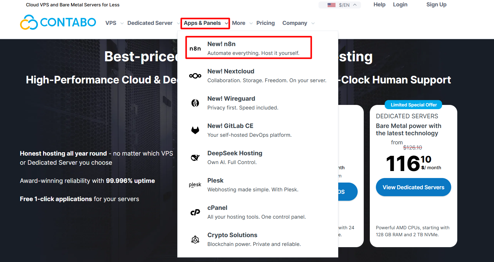 screenshot of Contabo website 'n8n' button
