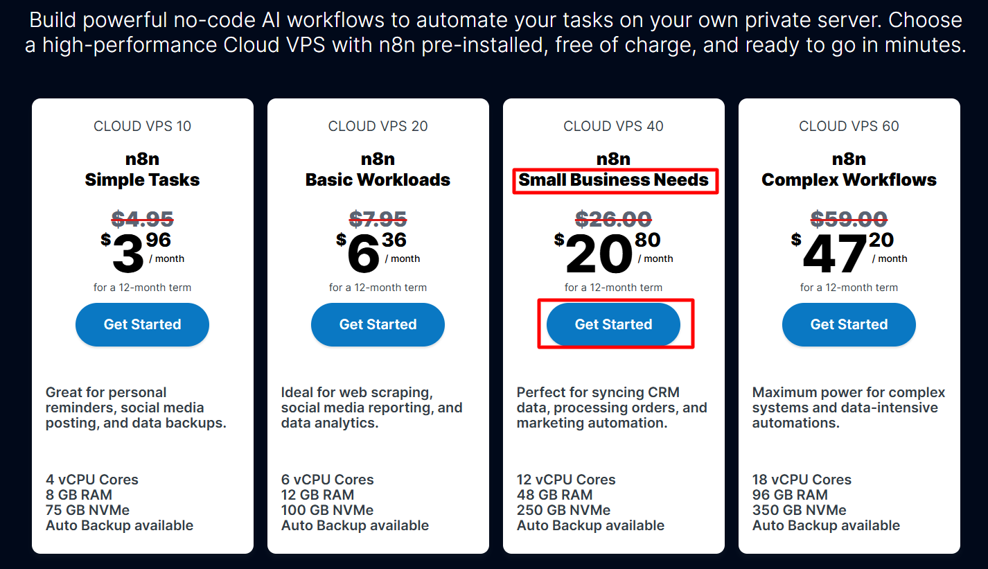 screenshot of Contabo n8n hosting plans