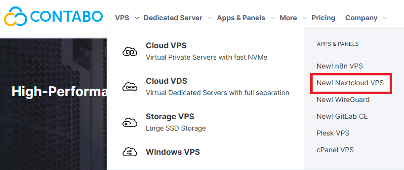 Screenshot der Contabo-Website 'Nextcloud VPS'