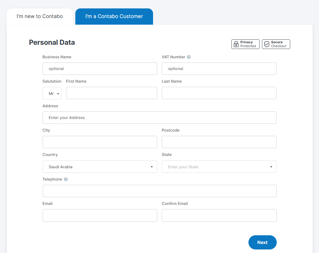 Screenshot des Contabo-Anmeldeformulars
