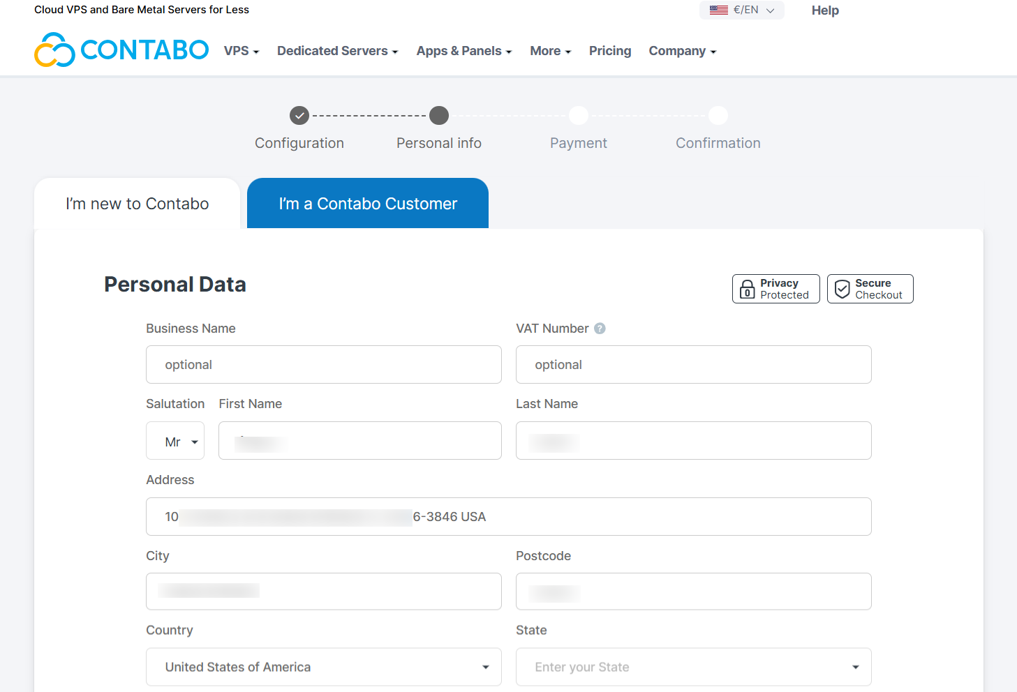 screenshot of Contabo Sign Up form