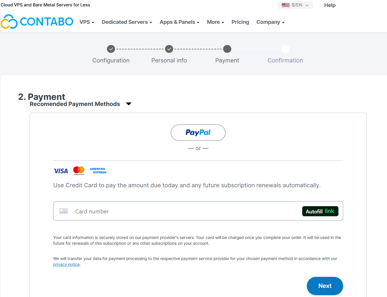 screenshot of Contabo Payment Methods