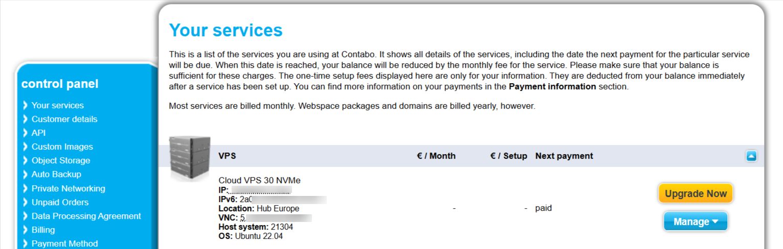 screenshot of Contabo Dashboard 'Your services' page