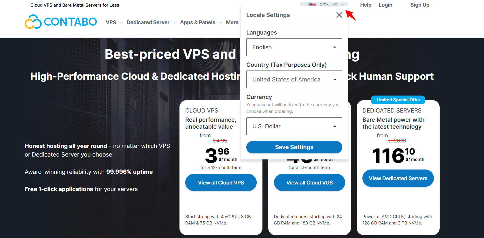 screenshot of Contabo website 'Locale Settings' window