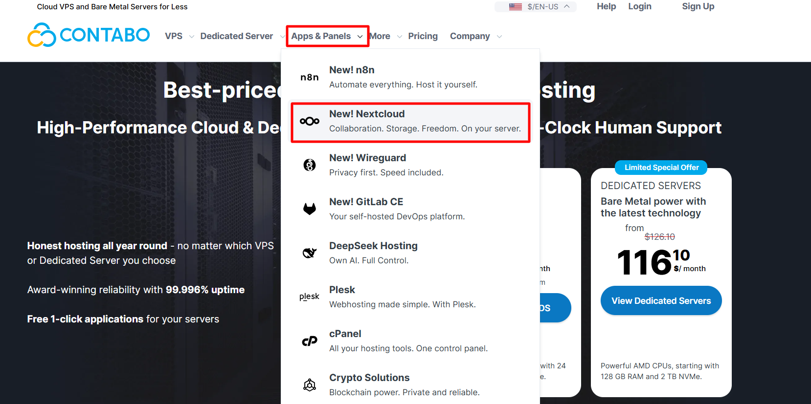 screenshot of Contabo website 'NextCloud' button