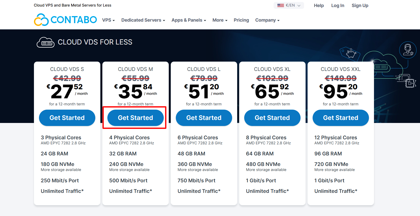screenshot of Contabo hosting plans