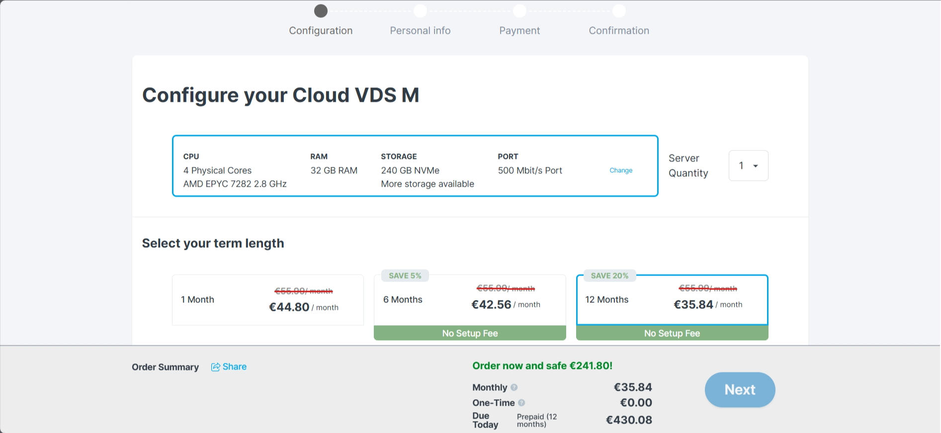 screenshot of Contabo hosting plan configurations