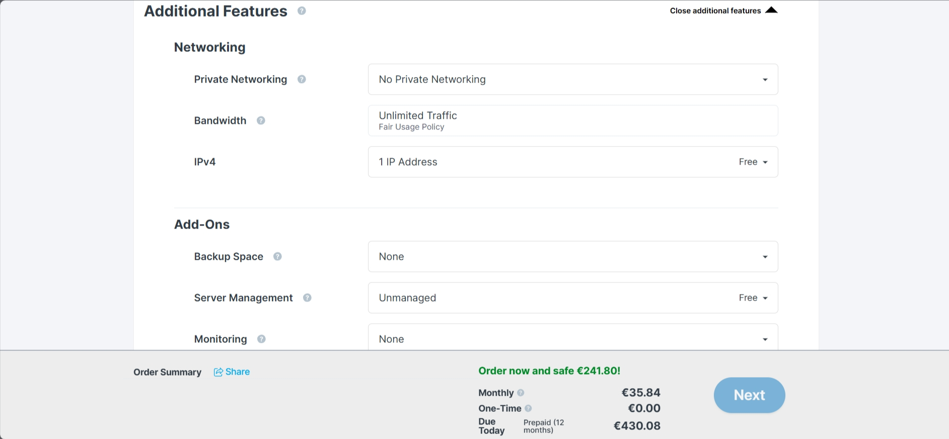 screenshot of Contabo 'Additional Features' tab