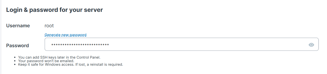 screenshot of Contabo 'Login & password for your server' tab