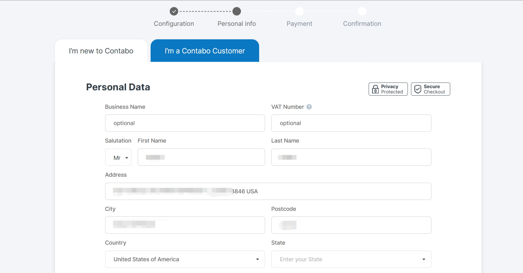 screenshot of Contabo 'Personal Info' tab