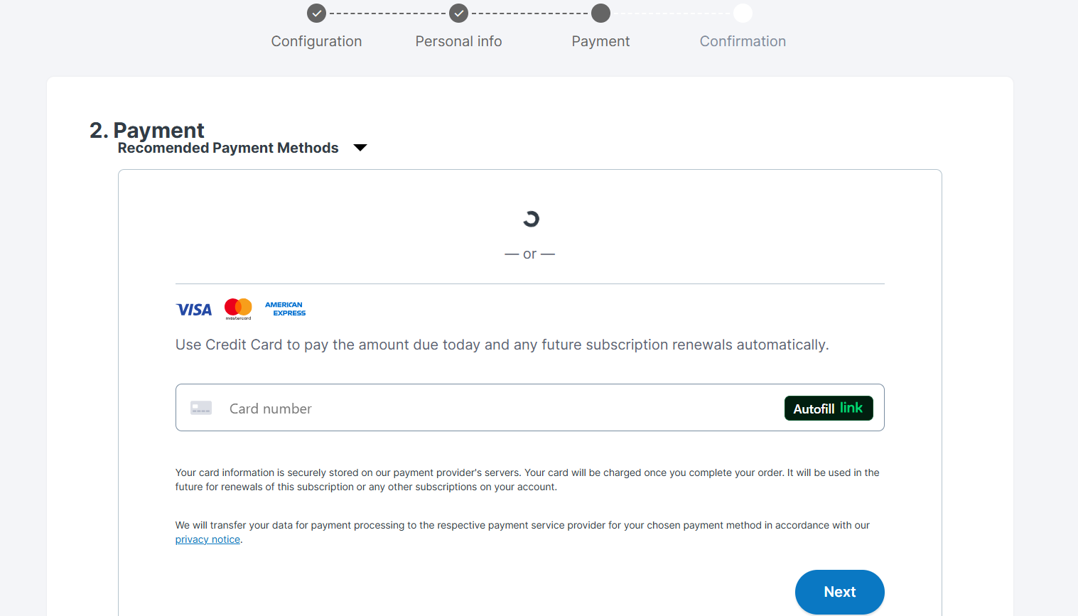 screenshot of Contabo 'Payment' tab