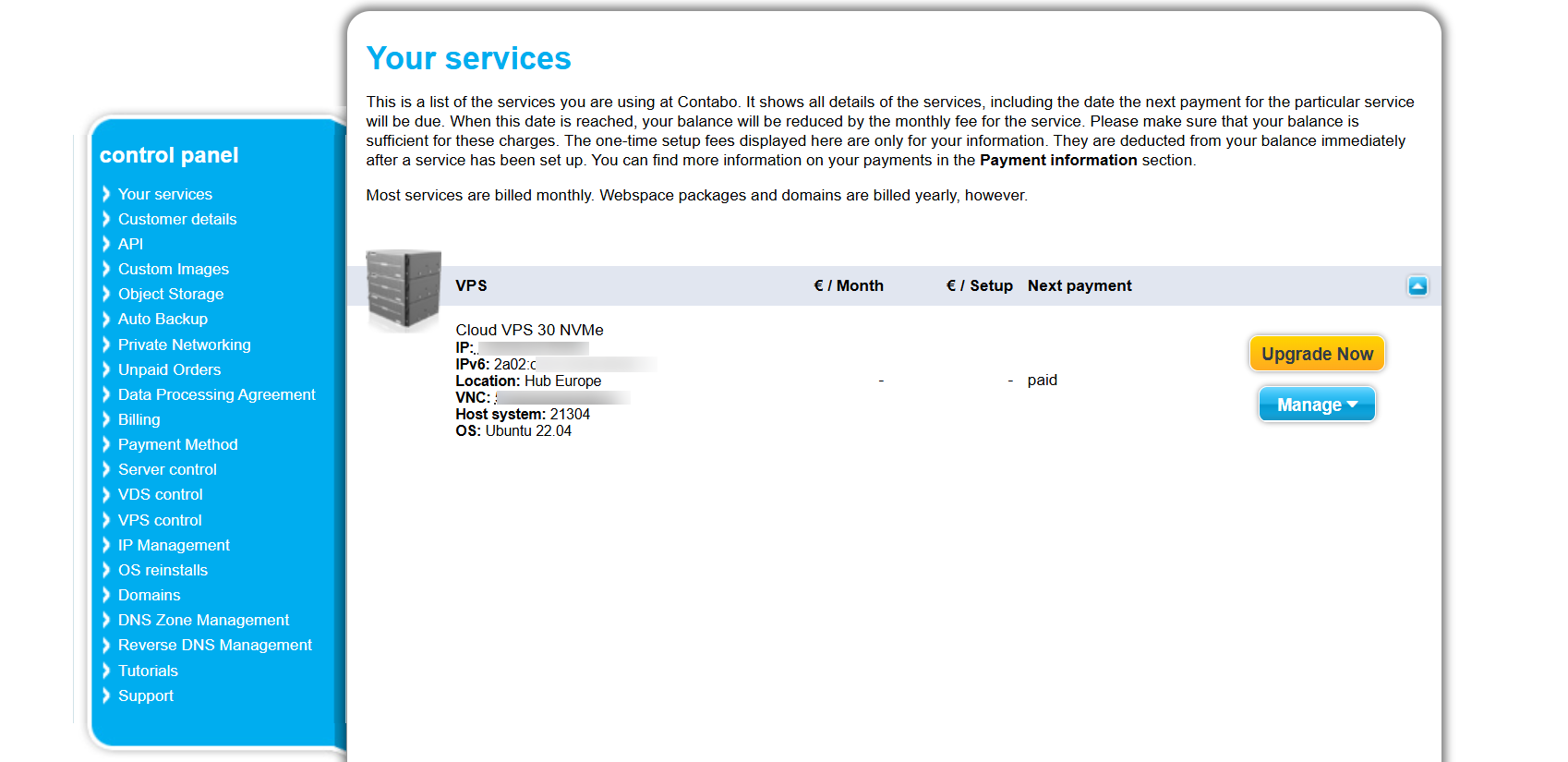screenshot of Contabo dashboard 'Your services' window