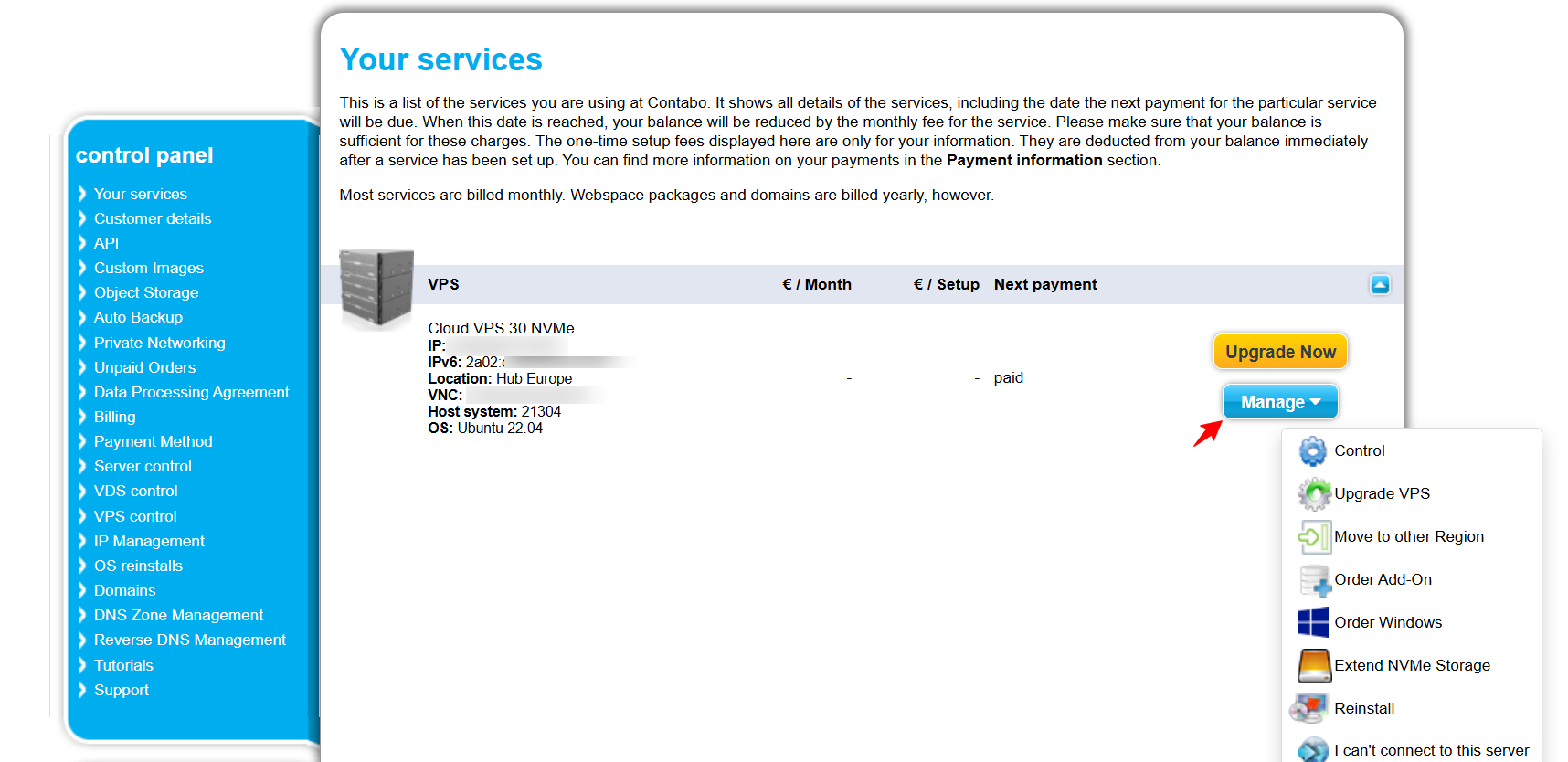 screenshot of Contabo dashboard 'Your services' window 'Manage' button