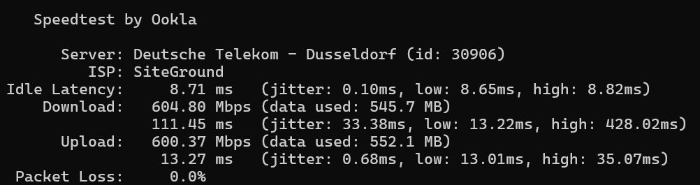 screenshot of Contabo Network test results