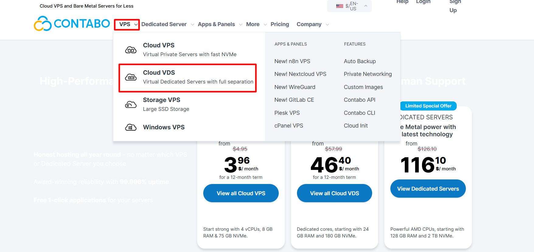 screenshot of Contabo website 'Cloud VDS' button