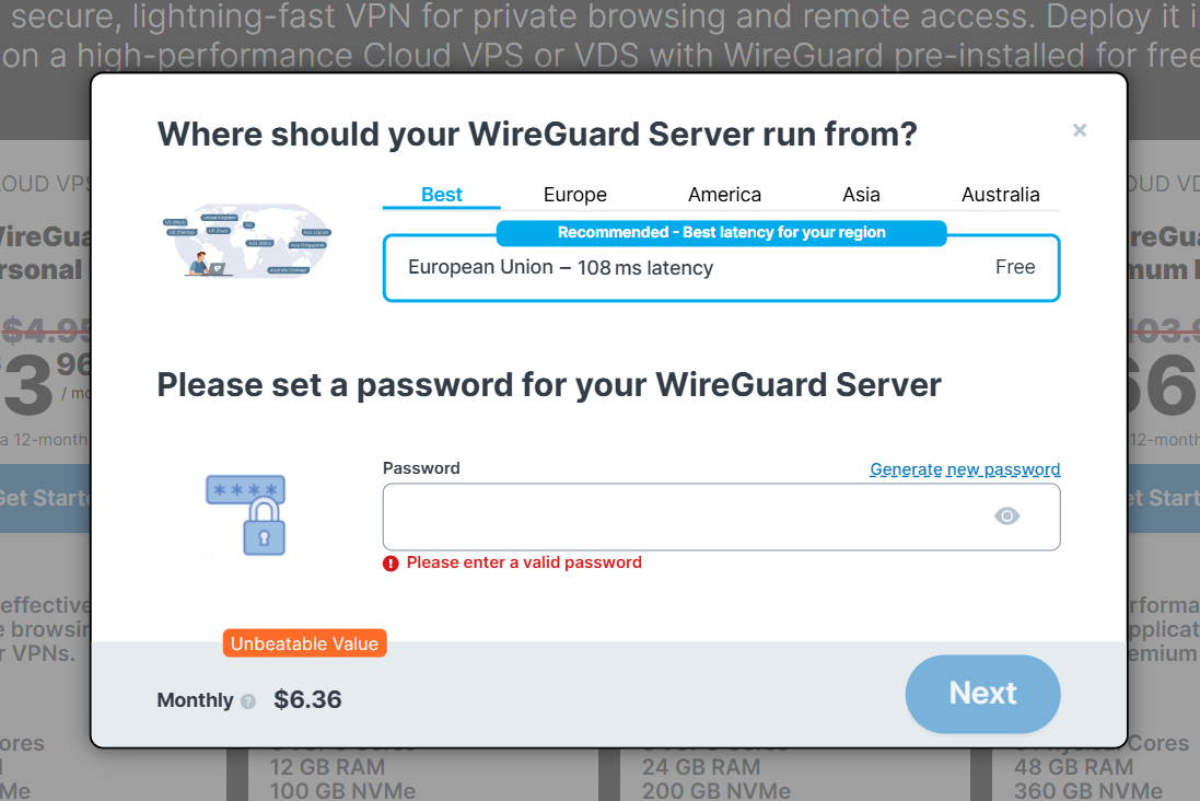 screenshot of Contabo WireGuard Server locations