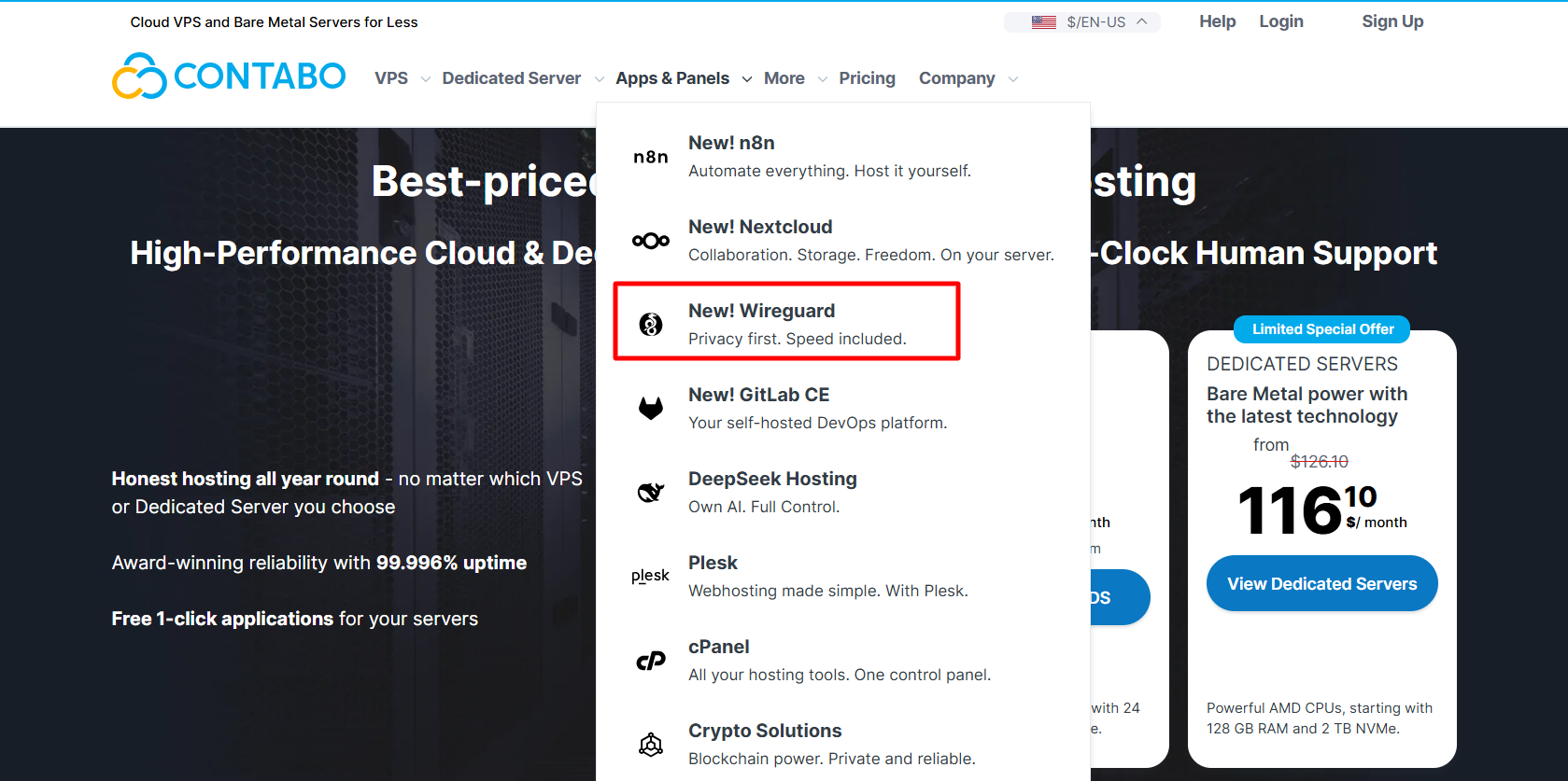 screenshot of Contabo website 'WireGuard' button