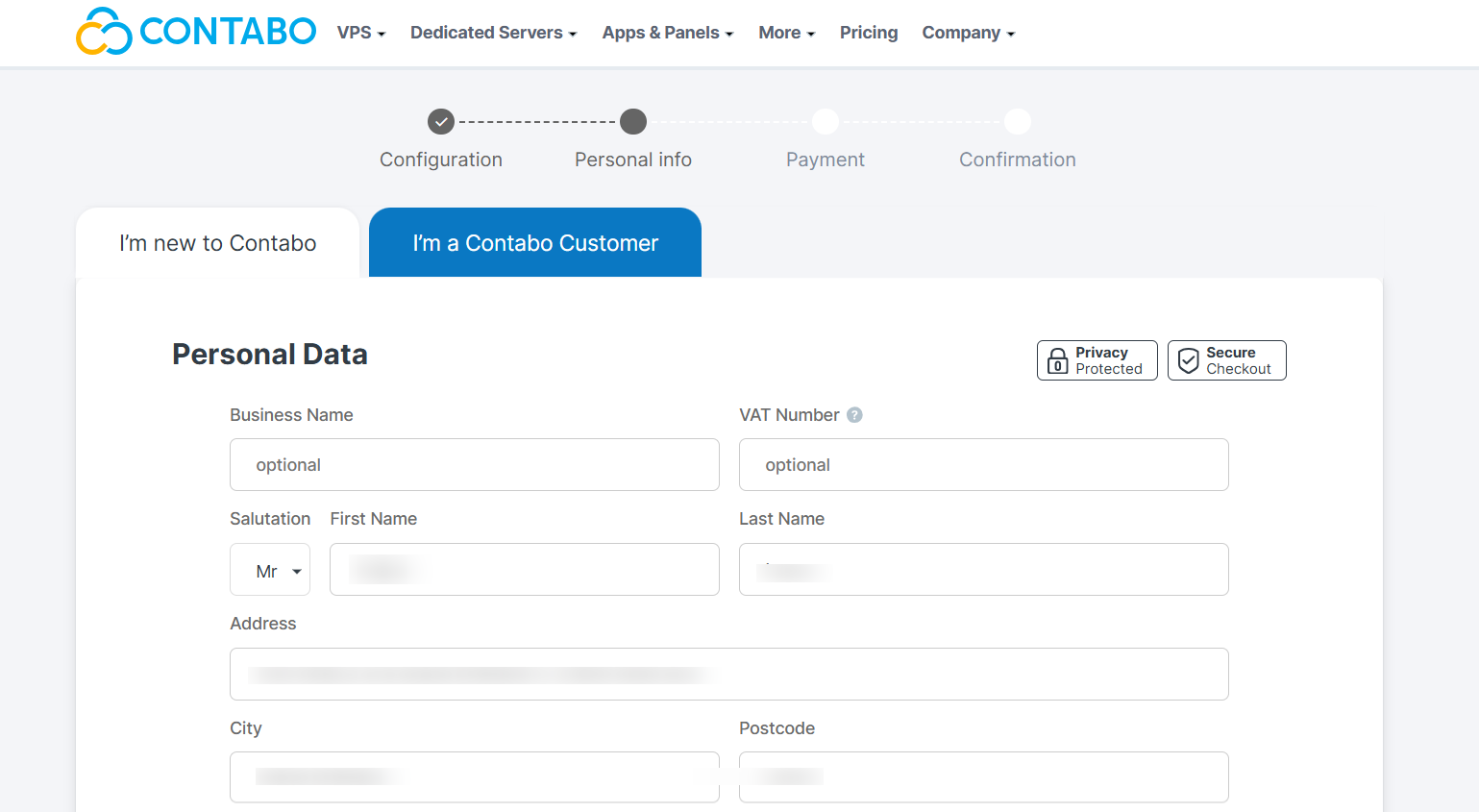 screenshot of Contabo Sign Up form