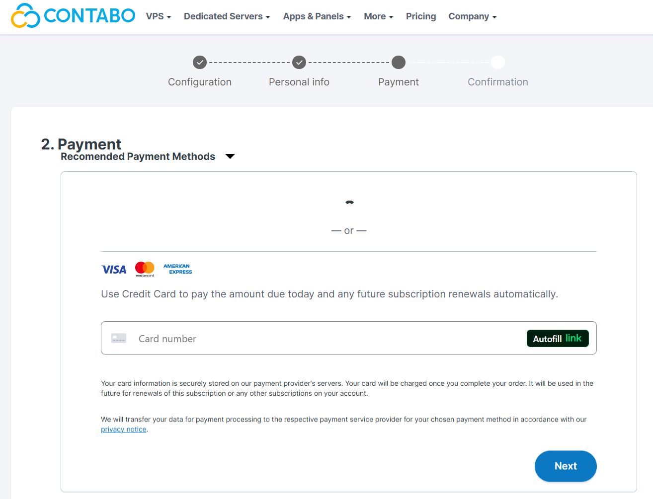 screenshot of Contabo Payment Methods