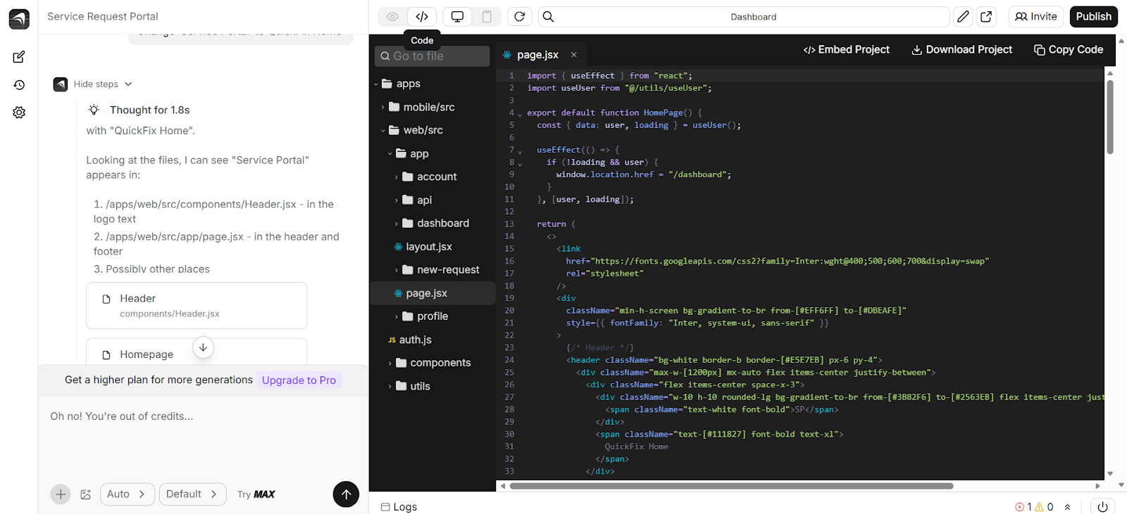 screenshot of 'Anything' dashboard Code window