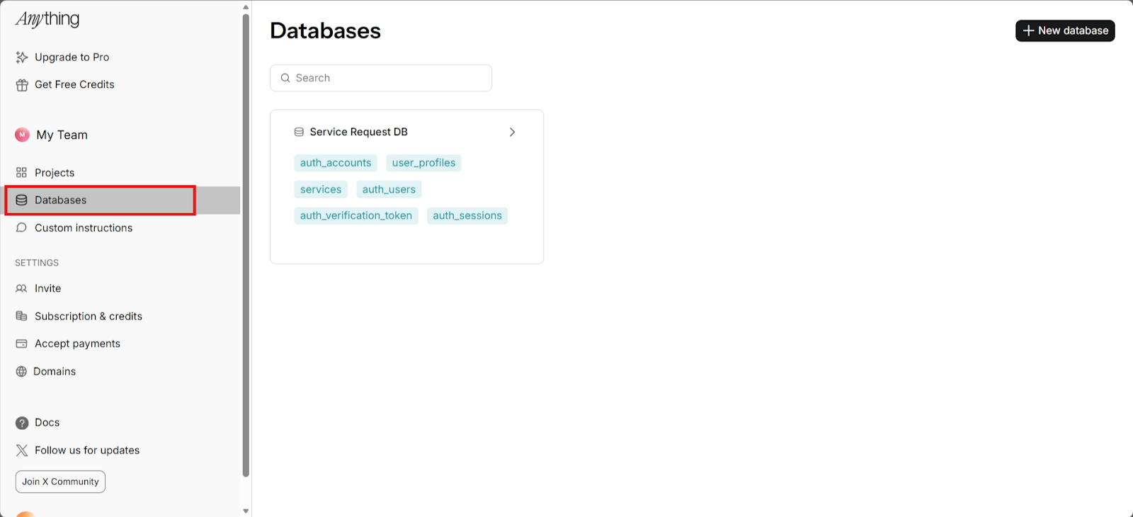 screenshot of 'Anything' dashboard 'Database' window