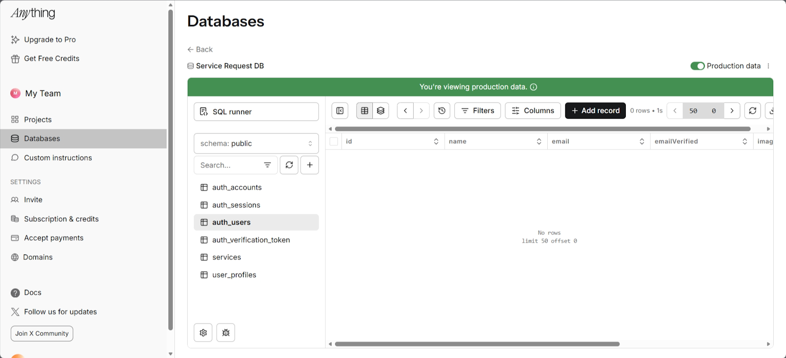 screenshot of 'Anything' dashboard 'Database' window