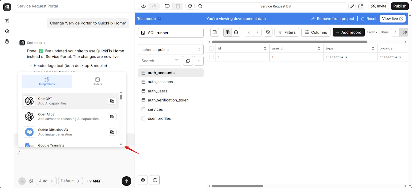 screenshot of 'Anything' dashboard 'Integrations' panel