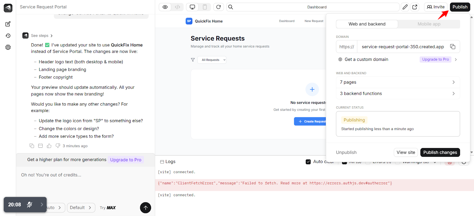 screenshot of 'Anything' dashboard 'Publish' button